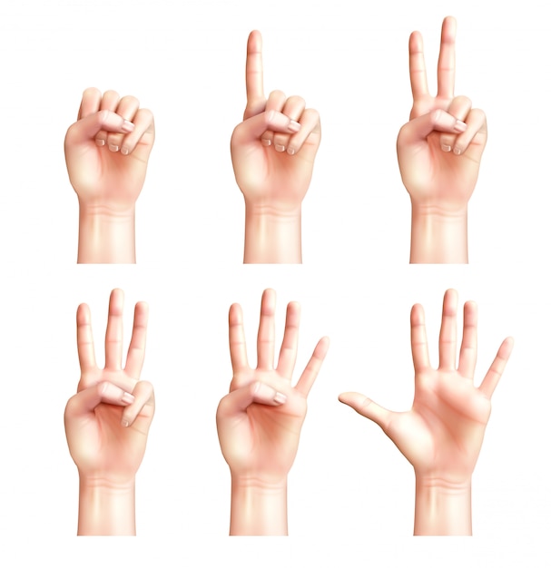 Six gestures of realistic people hands with fingers counting from zero to five isolated