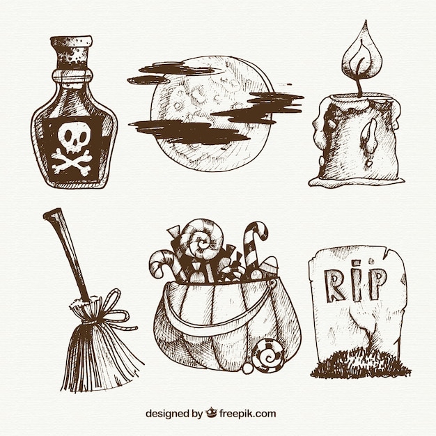 Free vector six hand drawn elements for halloween