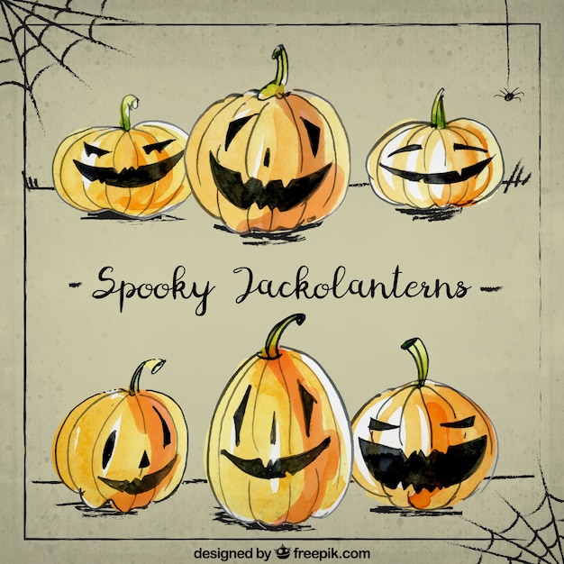 Free vector six hand drawn pumpkins for halloween