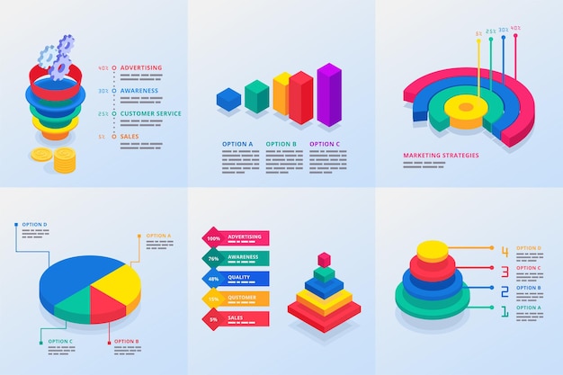 Free vector six infographics templates for marketing presentation with funnel pyramid and circle multicolored diagrams isometric vector illustration