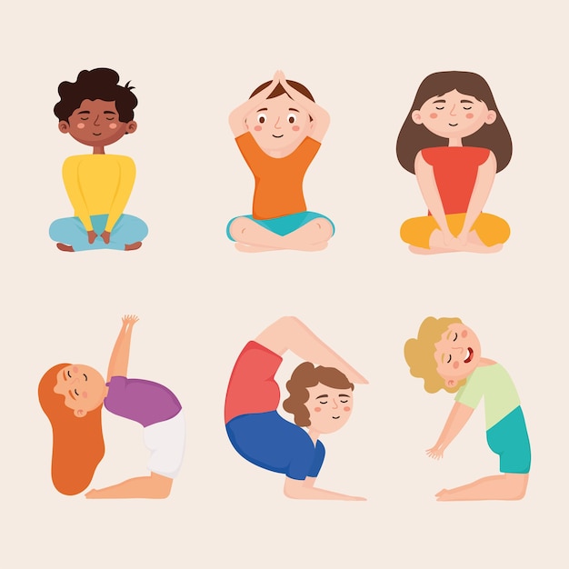 Free Vector six kids meditating characters