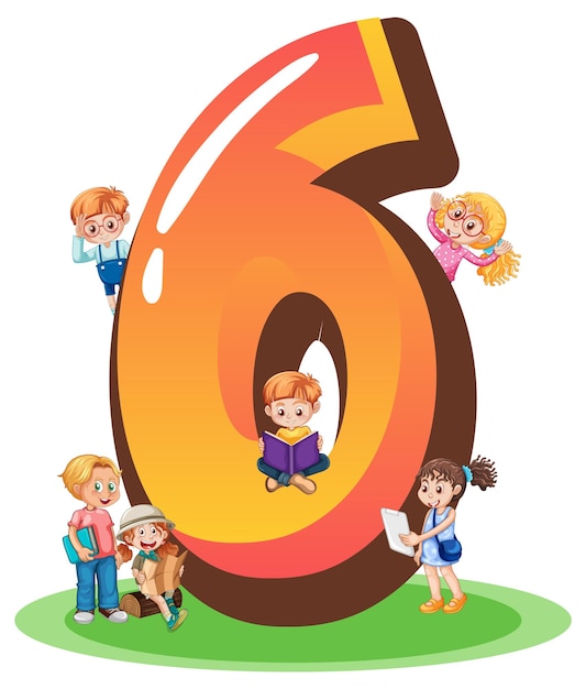 Free vector six kids with number six cartoon