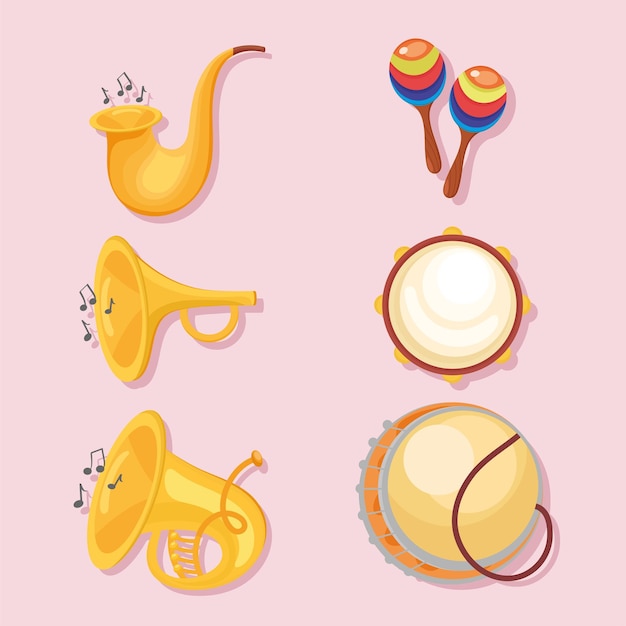 Free Vector six musical instruments set icons