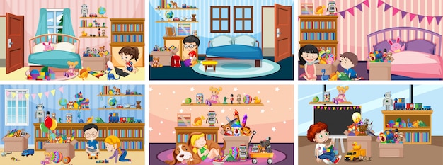 Free Vector six scenes with children playing in different rooms