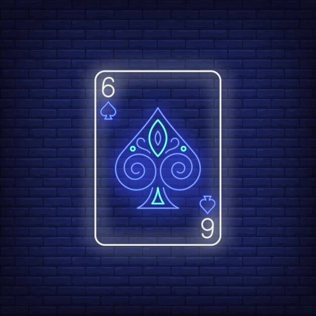 Six of spades playing card neon sign. 