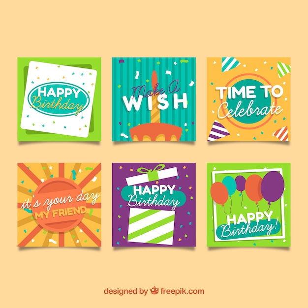 Free Vector six square birthday cards in flat design