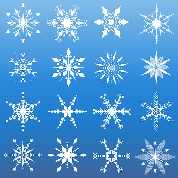 Sixteen different snowflake designs