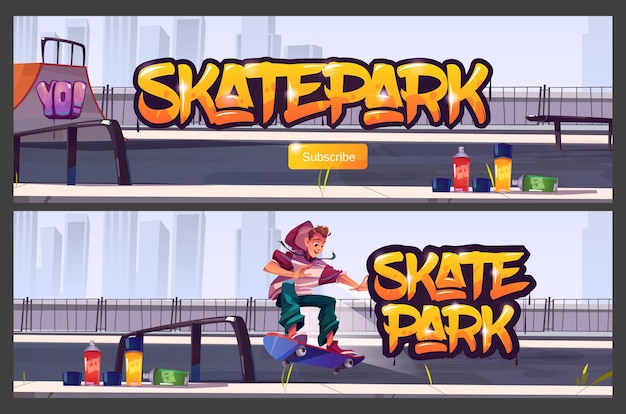 Free vector skate park banners with boy riding on skateboard