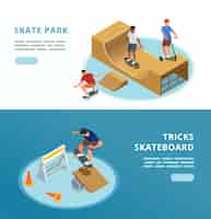 Free vector skate park horizontal banners with sport symbols isometric isolated vector illustration