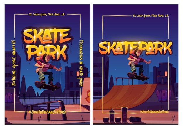 Free Vector skate park posters with boy riding on skateboard