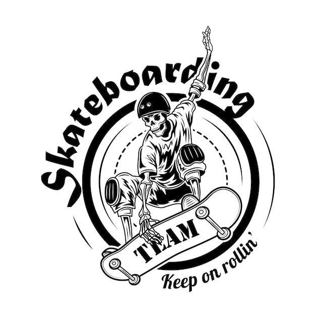 Skateboarding team symbol vector illustration. Skeleton in helmet on skateboard in jump and text