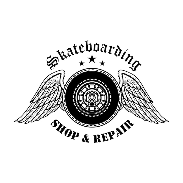 Skateboards repair symbol vector illustration. Boards wheels with angel wings and text