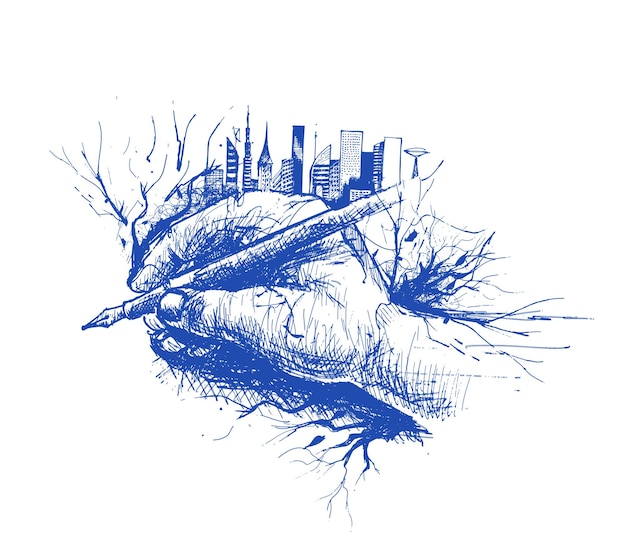 Free Vector skech of hand holding pen isolated on white background with urban city skyline vector illustration