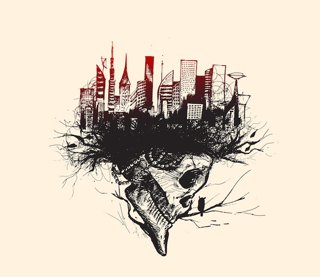 Skech of Skull isolated on white background with urban city skyline Vector Illustration