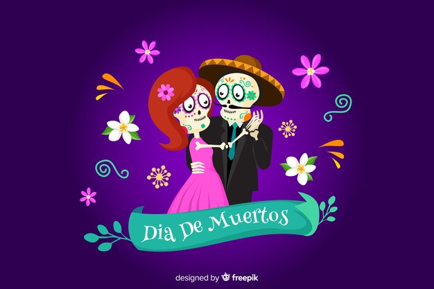 Skeleton dancing on dia de muertos background