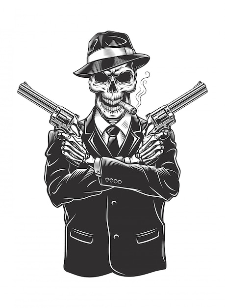 Free Vector skeleton gangster with revolvers