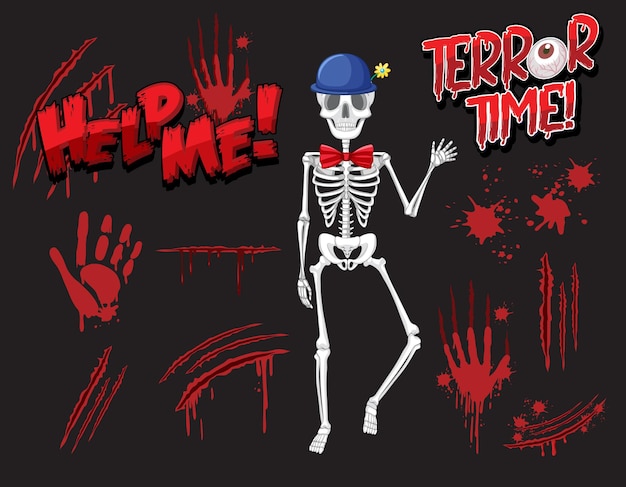 Free Vector skeleton ghost with blood spatter and hand print