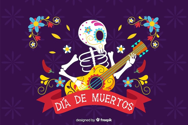 Skeleton playing the guitar flat día de muertos background