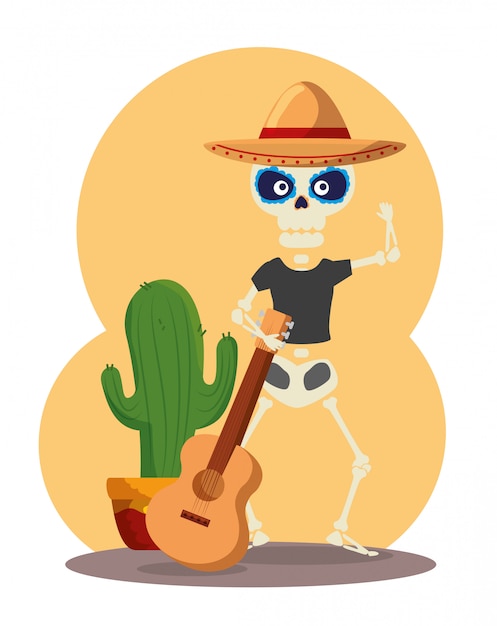 Skeleton wearing hat with guitar and cactus plant