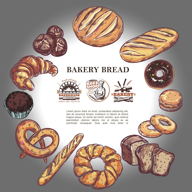 Sketch bakery products round composition with bread french baguette croissant pretzel muffin donut bagels and bakehouse badges