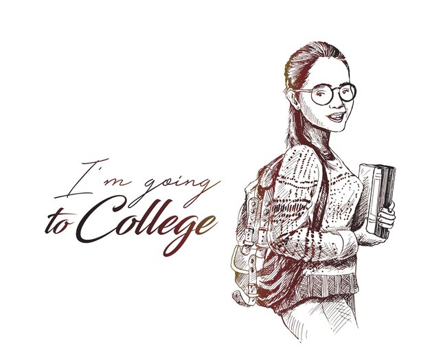 Sketch of Beautiful College Student Holding book on Isolated white Background