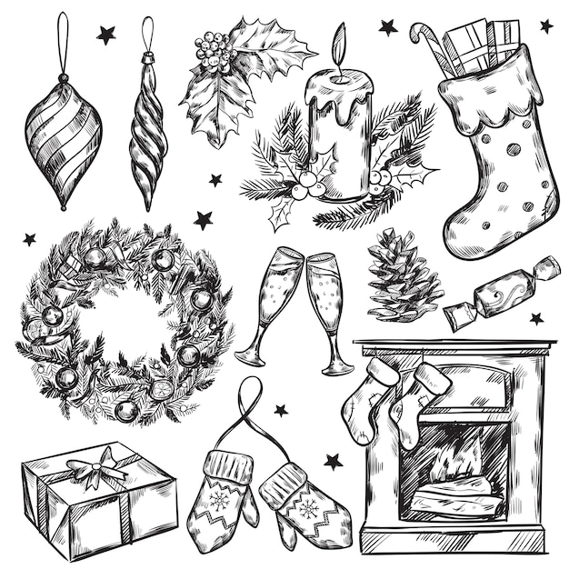 Sketch Christmas Gifts Icon Set