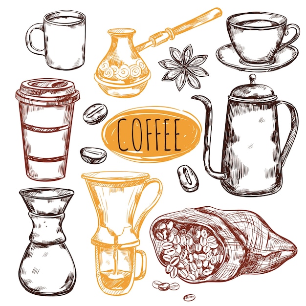 Free Vector sketch coffee elements set