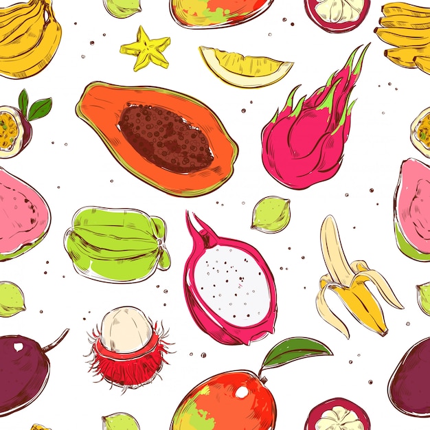 Free vector sketch colored exotic fruits seamless pattern