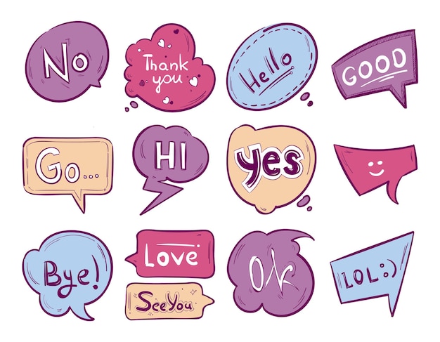 sketch doodle speech bubble with communication phrases.