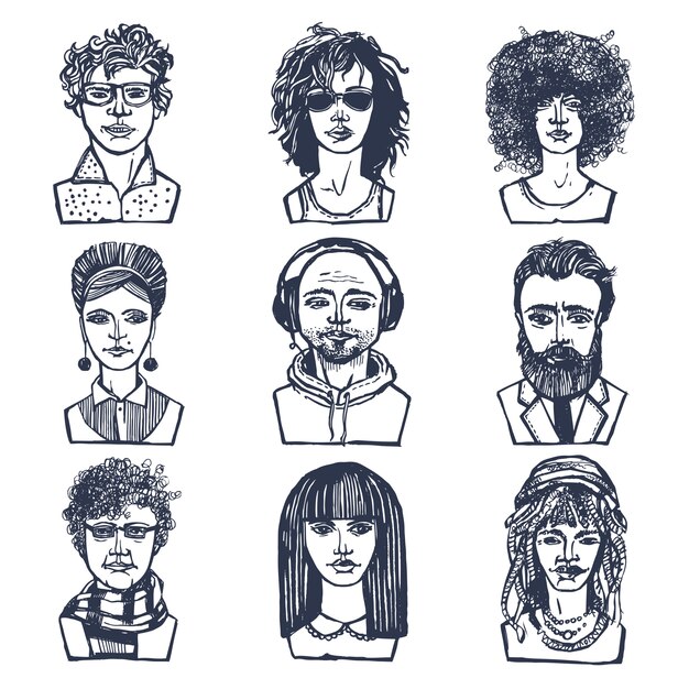 Sketch grunge males and females people portraits set isolated vector illustration