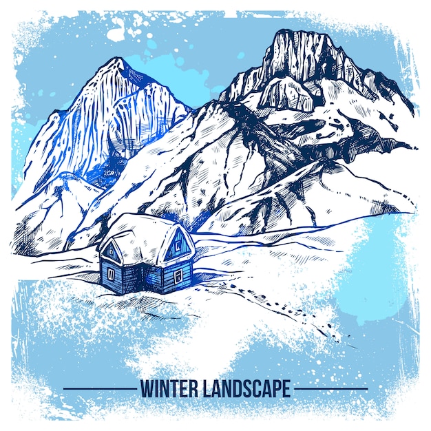 Free Vector sketch house in winter mountains