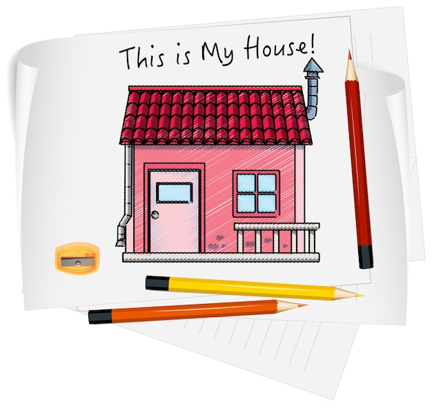 Sketch little house on paper isolated