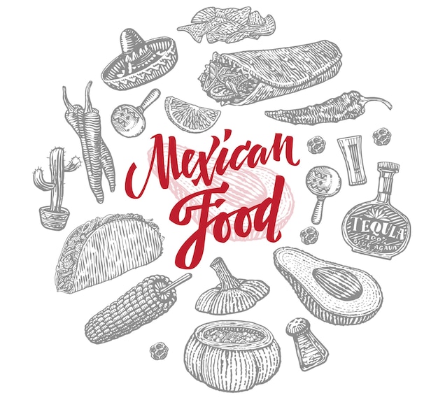 Free vector sketch mexican food objects set