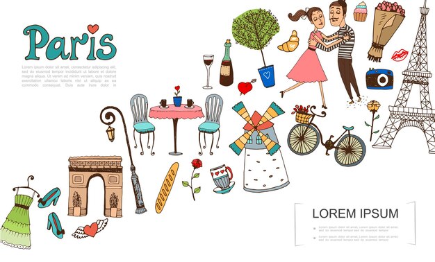 Sketch Paris elements  with couple in love illustration