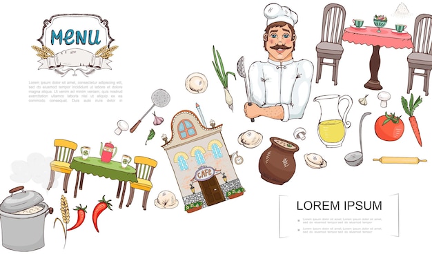 Sketch Russian cuisine elements concept with chef cafe building vegetables wheat ear dumplings ladle mushrooms juice table chairs cups candies   illustration