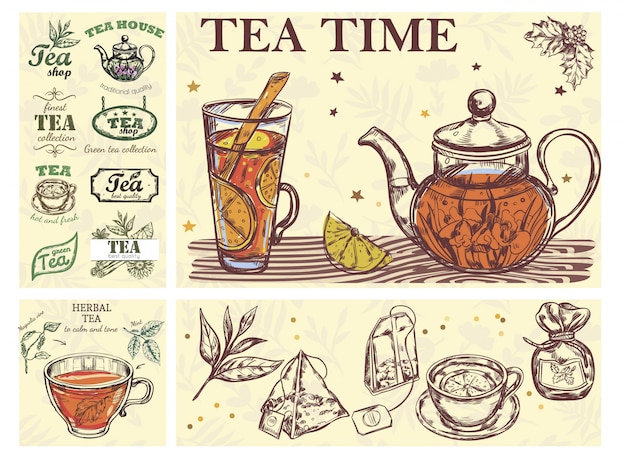 Free Vector sketch tea time colorful concept with glass cup teapot of beverage herbs bags and tea labels 