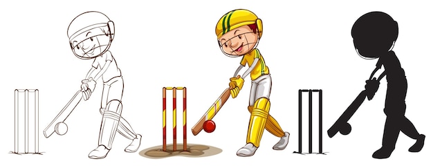 Sketches of a boy playing cricket in different colors