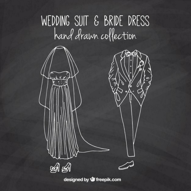 Free Vector sketches bride dress and wedding suit in blackboard effect