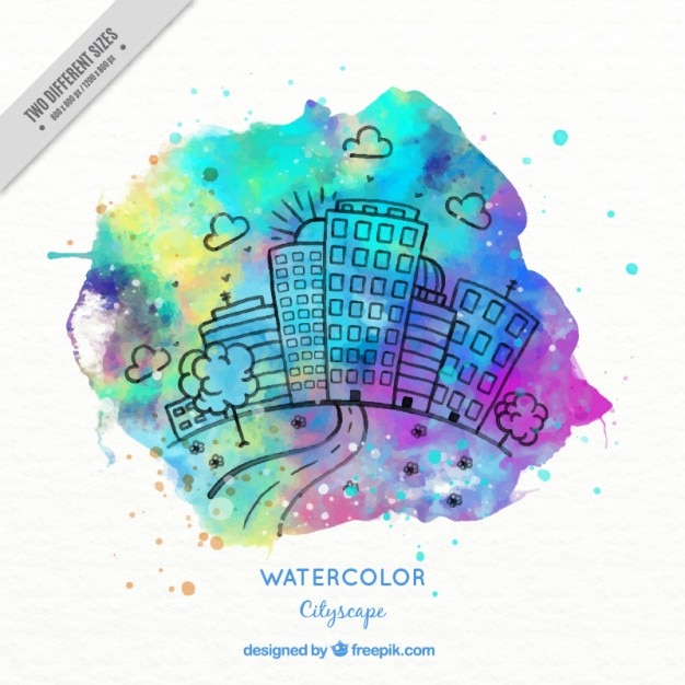 Free Vector sketches city with colored watercolor splash background