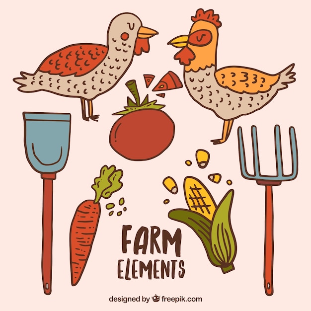 Free Vector sketches farm animals and elements