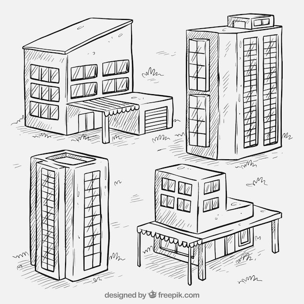 Sketches of four buildings set