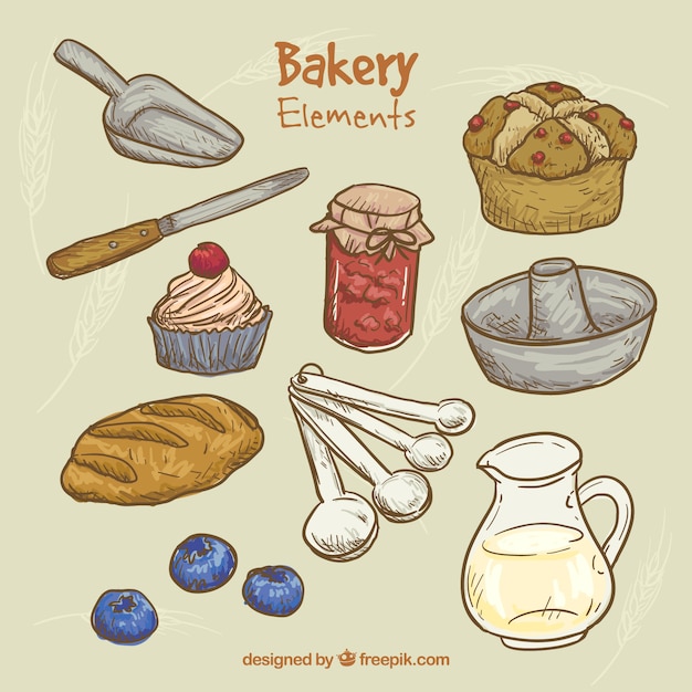 Sketches kitchen tools and bakery products