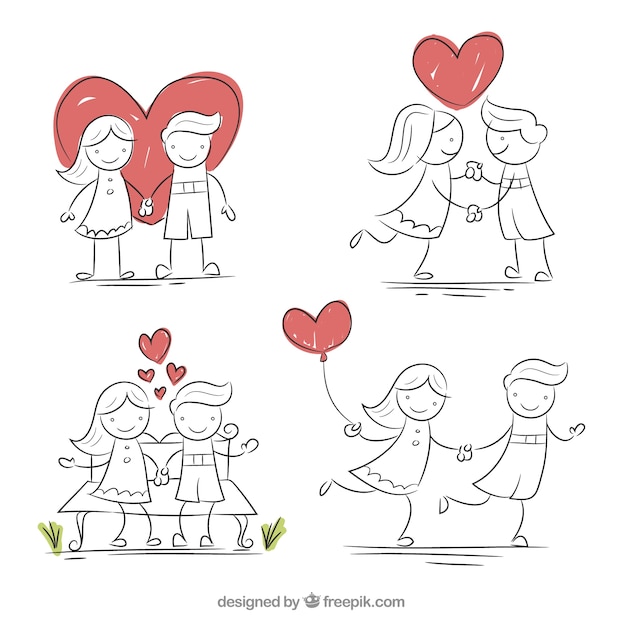 Free vector sketches of lovers in love set