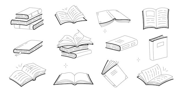 Sketches of open and closed books, stack of textbooks, dictionary or novels with blank covers. Vector doodle icons of literature for library, store, university or school isolated on white background