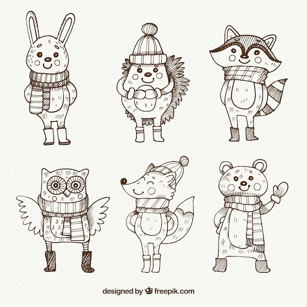 Free Vector sketches set of lovely animals with winter elements