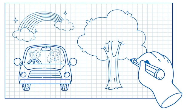 Free vector sketching cartoon of car and tree