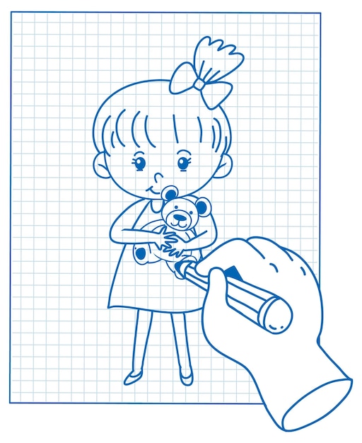 Free vector sketching little girl on grid paper