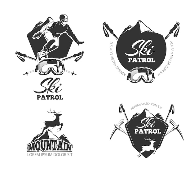 Ski club, mountain patrol emblems, labels, badges, logos set.