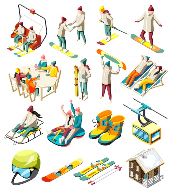 Free Vector ski resort elements set of isometric icons with skiers and snowboarders with sports equipment isolated