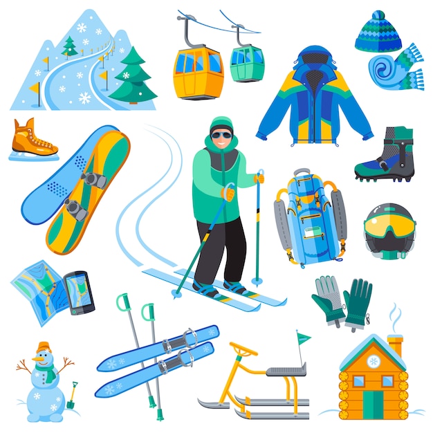 Ski resort icons set with winter sport equipment 